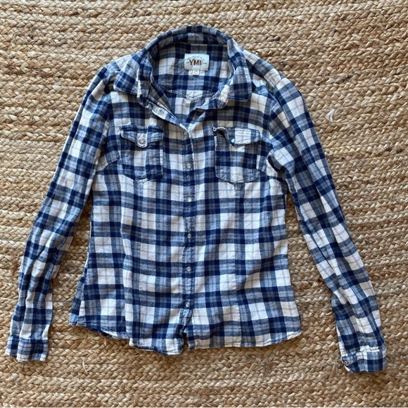 YMI Los Angeles Fitted Snap-Button Flannel Blue & Cream Western Cowgirl Medium - Picture 1 of 7